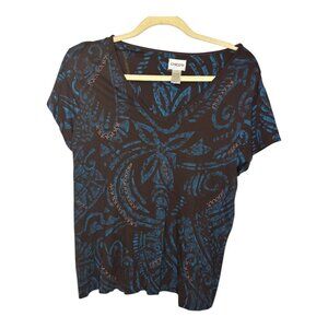 Chico's Blouse Women's Size‎ Large Vneck Floral Blue Brown Chicos 2